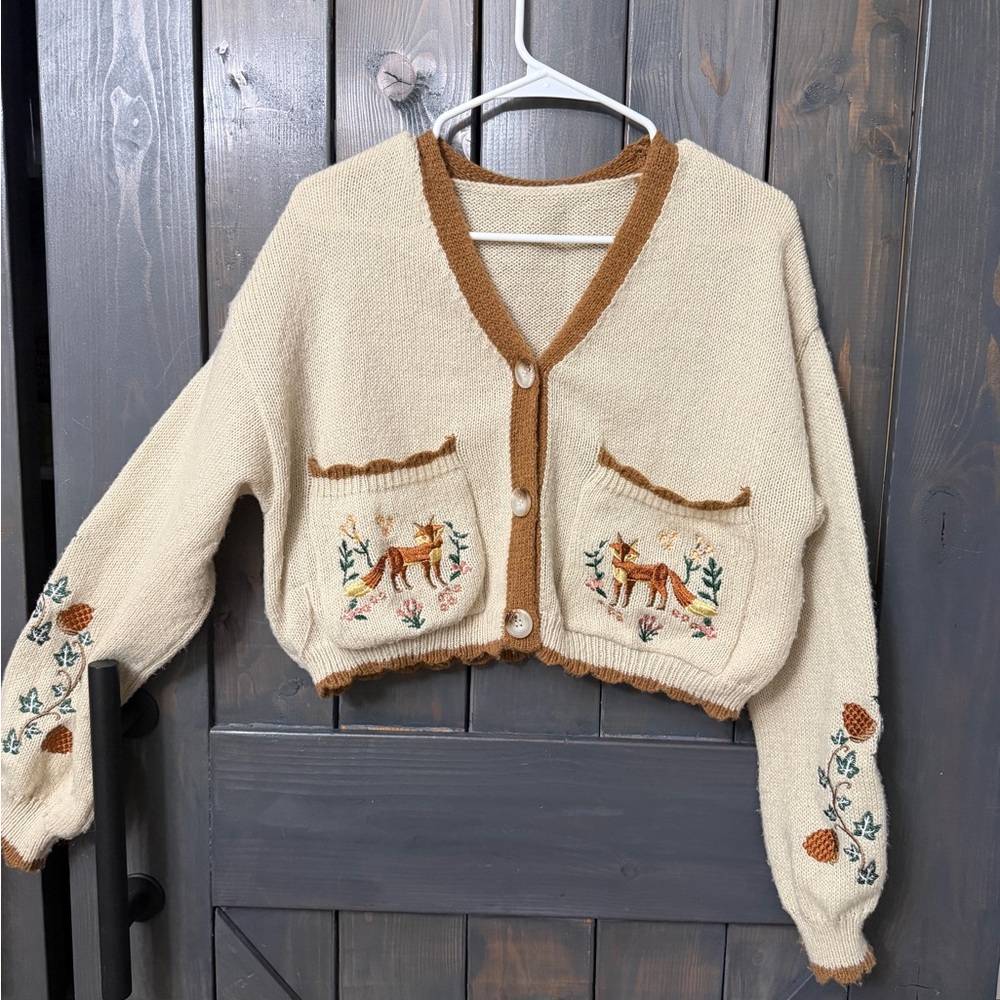 Embroidered Cream and Brown Cardigan Sweater